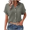 thumbnail image 3 of Auralook Women Solid Blouses Short Sleeve Button Down Shirts Turndown Collar Business Casual Dressy Work Tops Summer Spring Clothes, 3 of 7