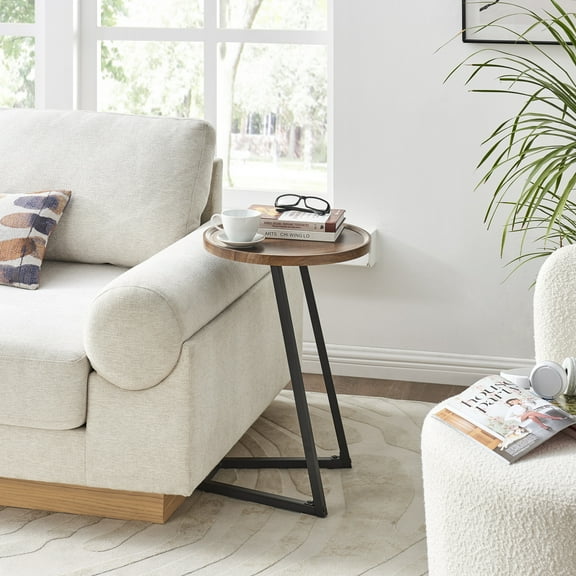 Addison Round Raised Lip Edge Angled Couch-Side Accent C-Table with Modern Geometric Metal Pedestal Leg - Walnut/Black