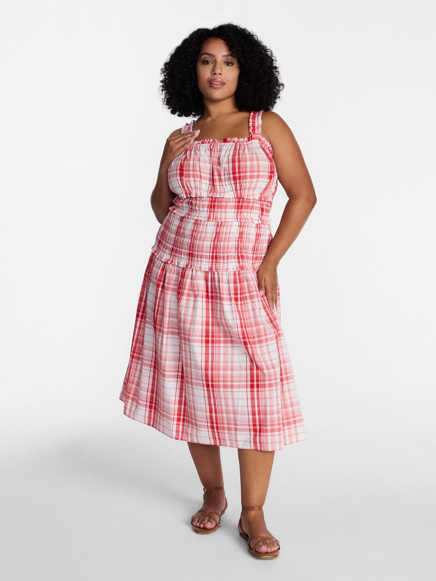 Time and Tru Women's Sleeveless Smocked Cotton Peasant Midi Dress, Sizes XS-XXXL