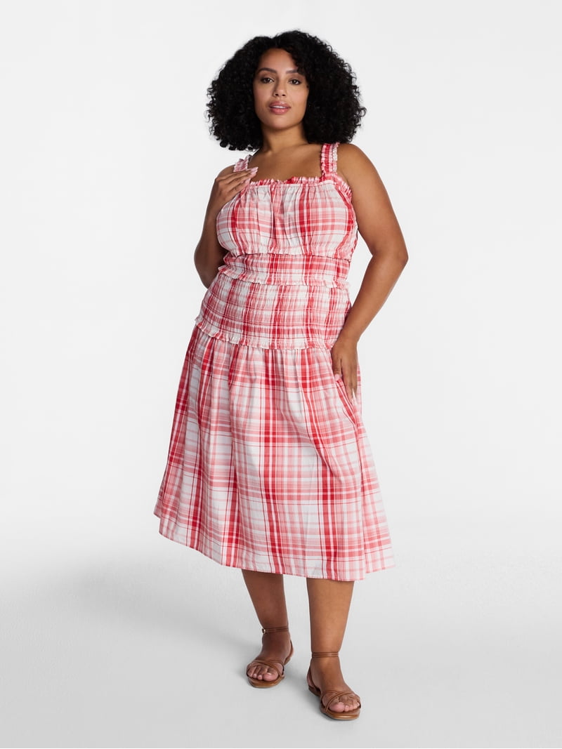 Time and Tru Women's Sleeveless Smocked Cotton Peasant Midi Dress, Sizes Xs-xxxl, White