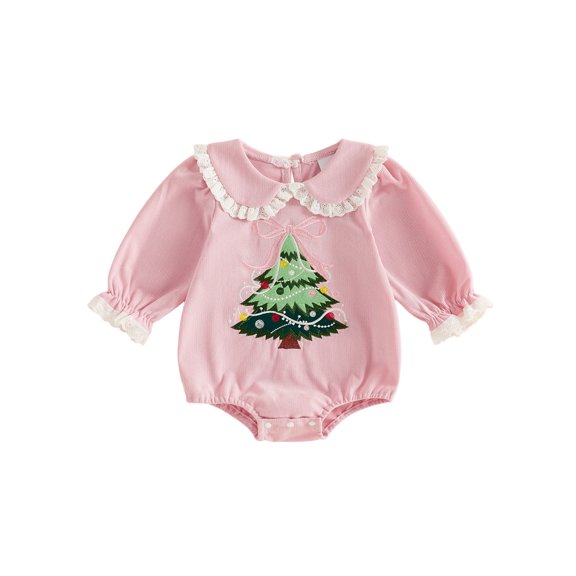 Cenuakty Baby Girl Christmas Romper Embroidered Doll Collar Long Sleeve Jumpsuit