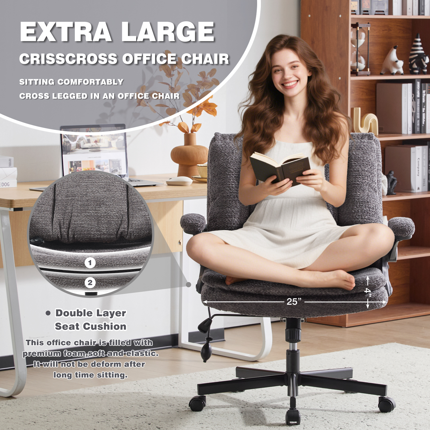 Wide Criss Cross Chair with Flip Up Back Cushion and Arms, Ergonomic Cross Legged Office Chair with Dynamic Lumbar Support, Upholstered Swivel Rolling Vanity Chair for Customized Comfort