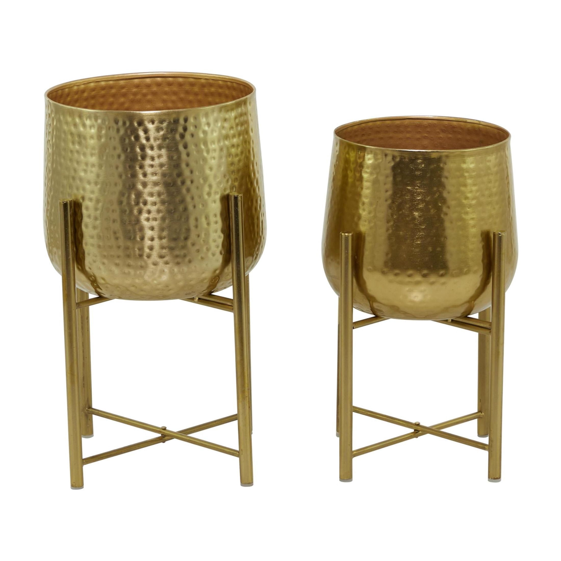 CosmoLiving by Cosmopolitan 17", 19"H Deep Recessed Hammered Dome Gold Metal Planter with Removable Stand (2 Count)