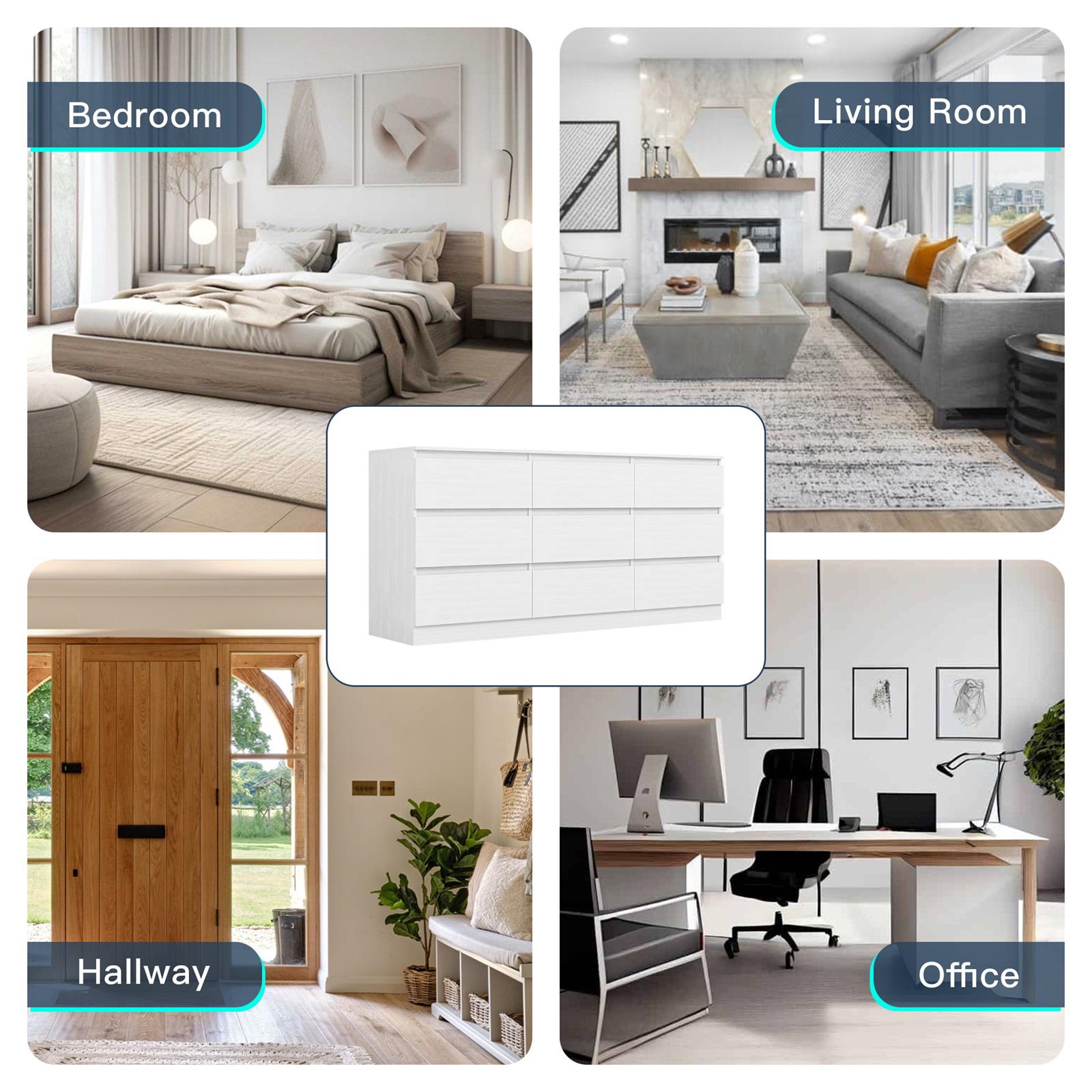 Hommoo White 9 Drawer Dresser, Wood Modern Storage Cabinet Dresser Organizer, Chest of Drawers for Living Room, Closet, Hallway, Nursery
