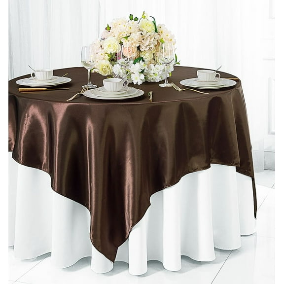 Wedding Linens Inc. 85 inch Square Satin Table Overlay Toppers- Chocolate