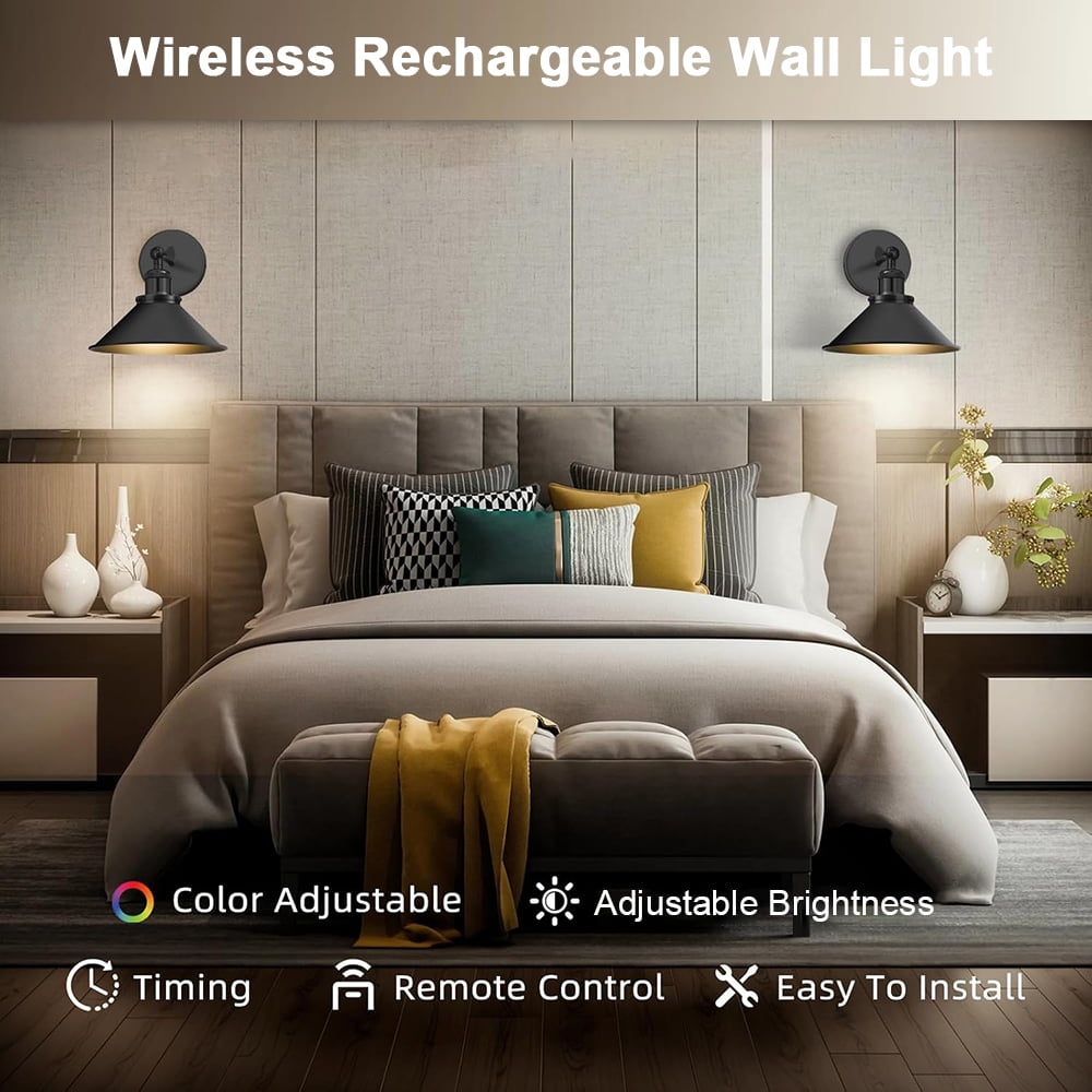 2 Pack Wall Lights Battery Operated Wall Sconces,Black Wireless Wall Sconces with Remote,Iron Retro Creative Rechargeable Wall lamp for Bedroom Living Room