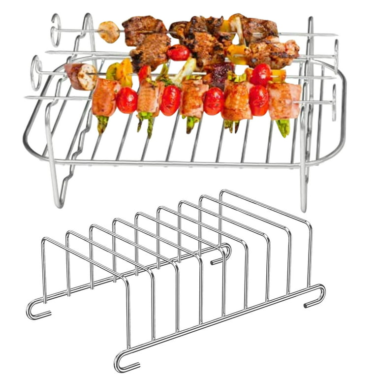 Stainless Steel Air Fryer Accessories with 4 Barbecue Sticks Set Of 2  Non-stick Air Fryer Rack Multipurpose Double Layer Rack Metal Bread Holder  for Most 3.7Qt-4.2Qt Air Fryers Ovens 