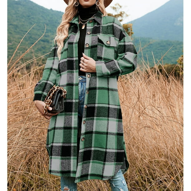 Abrigo Tipo Camisa Abrigo De Solapa Para Mujer, Camisa A Cuadros