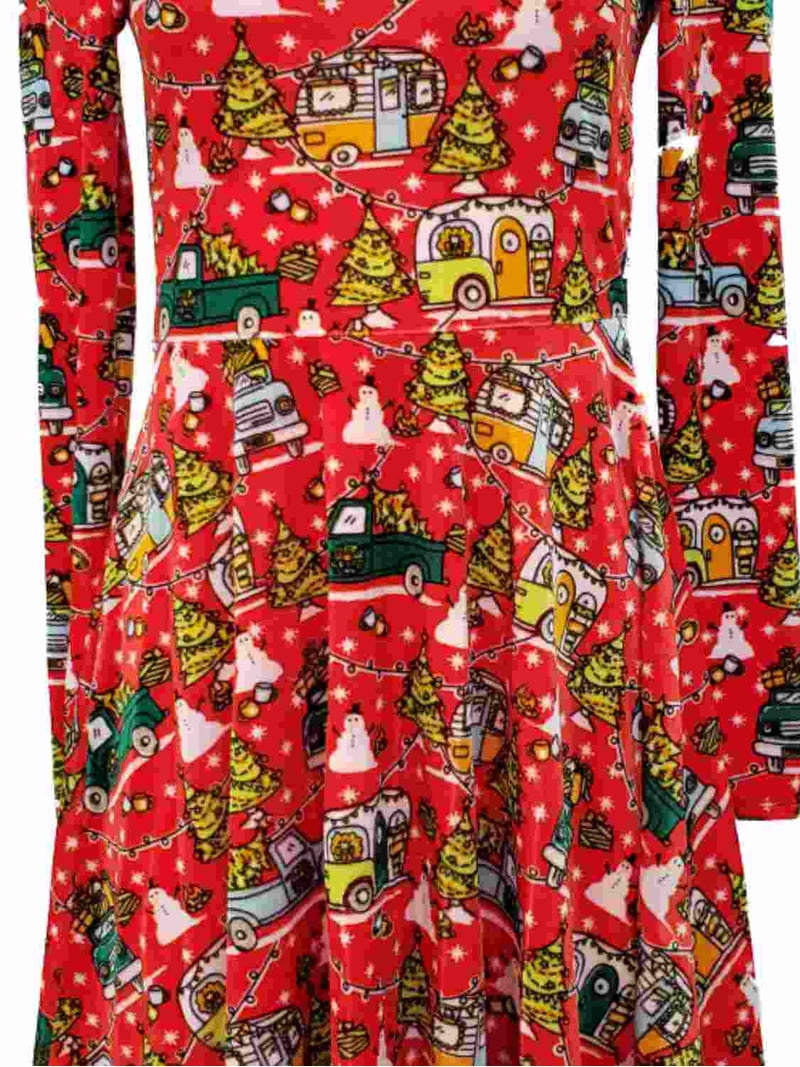 red truck christmas dress Born Famous Womens Red Truck & Camper Print High Neck Long Sleeve Christmas Holiday Dress S, Women's, Size: Small