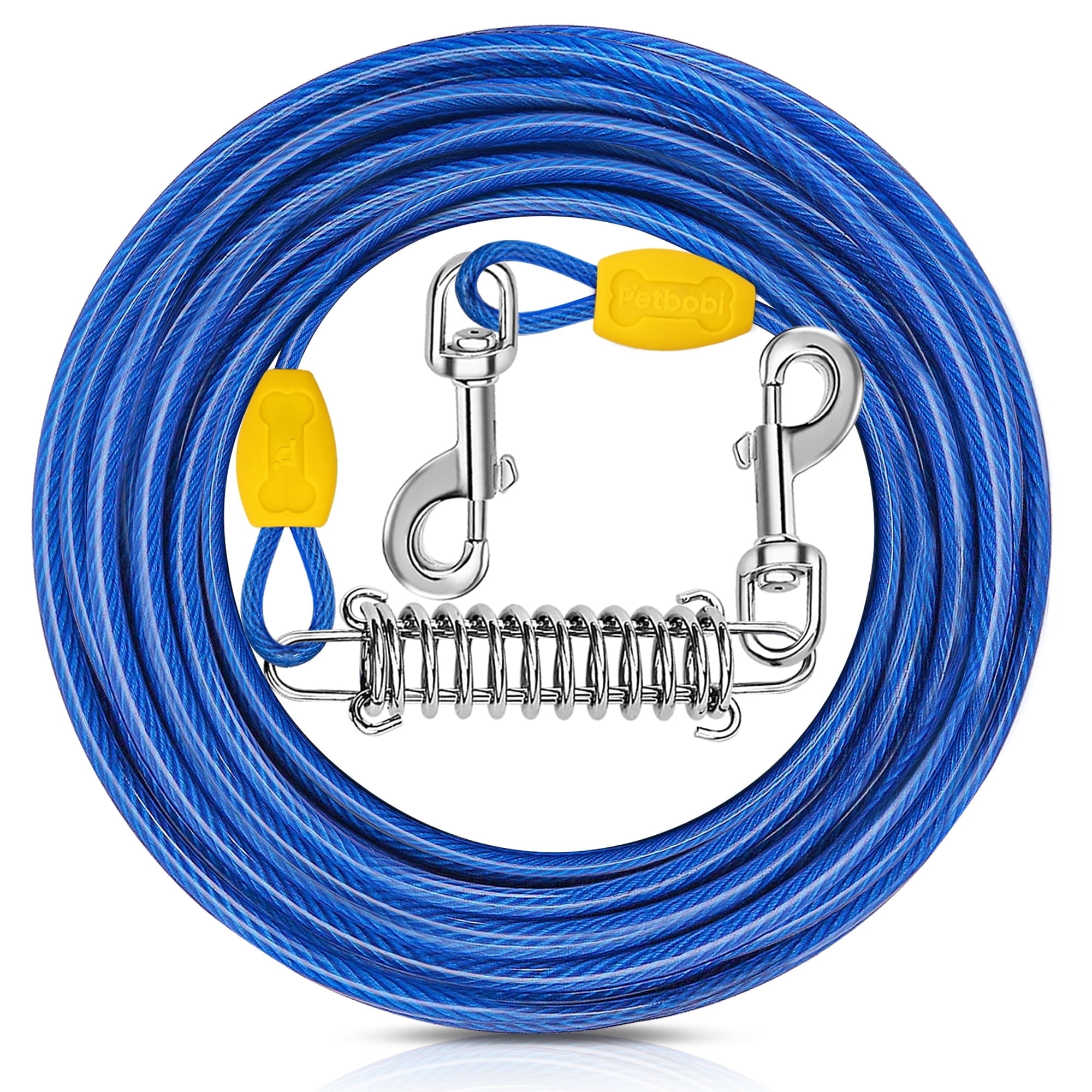 Petbobi 50ft Dog Tie-Out Cable, 4mm Metal Leash with Shock Absorbing Spring & 360°Swivel Clips for Outdoor Camping/Yard, Fits Small to Large Dogs Up to 120lbs, Blue