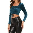 thumbnail image 4 of INSPIRE CHIC Women's Costum Velvet Square Neck Drawstring Puff Long Sleeve Crop Top, 4 of 7