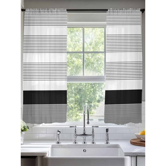 Black Stripe Sheer Curtains for Living Room Bedroom Modern Rustic Horizontal Black Striped Sheer Curtains 72 Inch Long 2 Panels Set Light Filtering Curtain Window Treatments Drapes for Dining Room