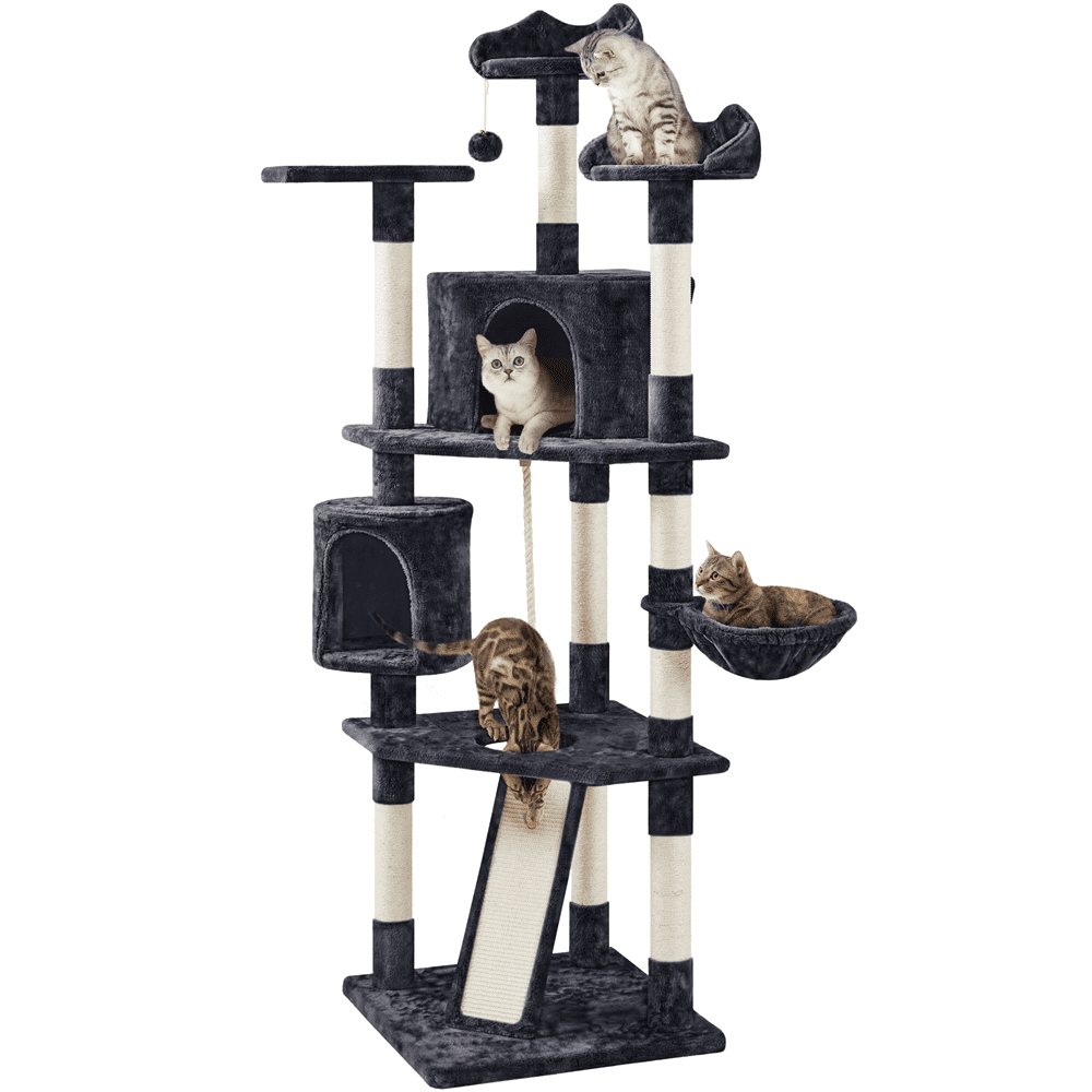 Alden Design 79″ H Multilevel Cat Tree with 2 Condos Basket Scratching Posts, Black