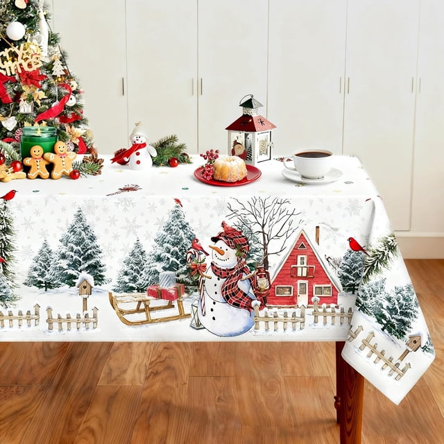 Mantel Navideño, Navideño Rectangular de 60 x 84 Pulgadas, Diseño Muñeco Nieve Invierno, Casa, y Árboles Navidad, Manteles Navideños Perfecto para Fiesta/Picnic/Cena/Decoración (Blanco) Mu帽eco nieve