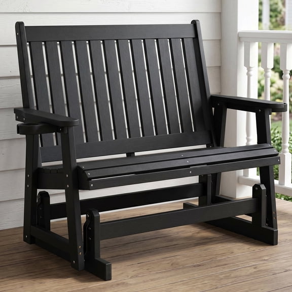 HIPS Patio Glider Two-Seat with Cup Holders, Durable HIPS Material, All-Weather Resistant, High Backrest and Deep Contoured Seat, Heavy Duty 900 lb, for Outdoor, Porch, Patio (Vanta Black)