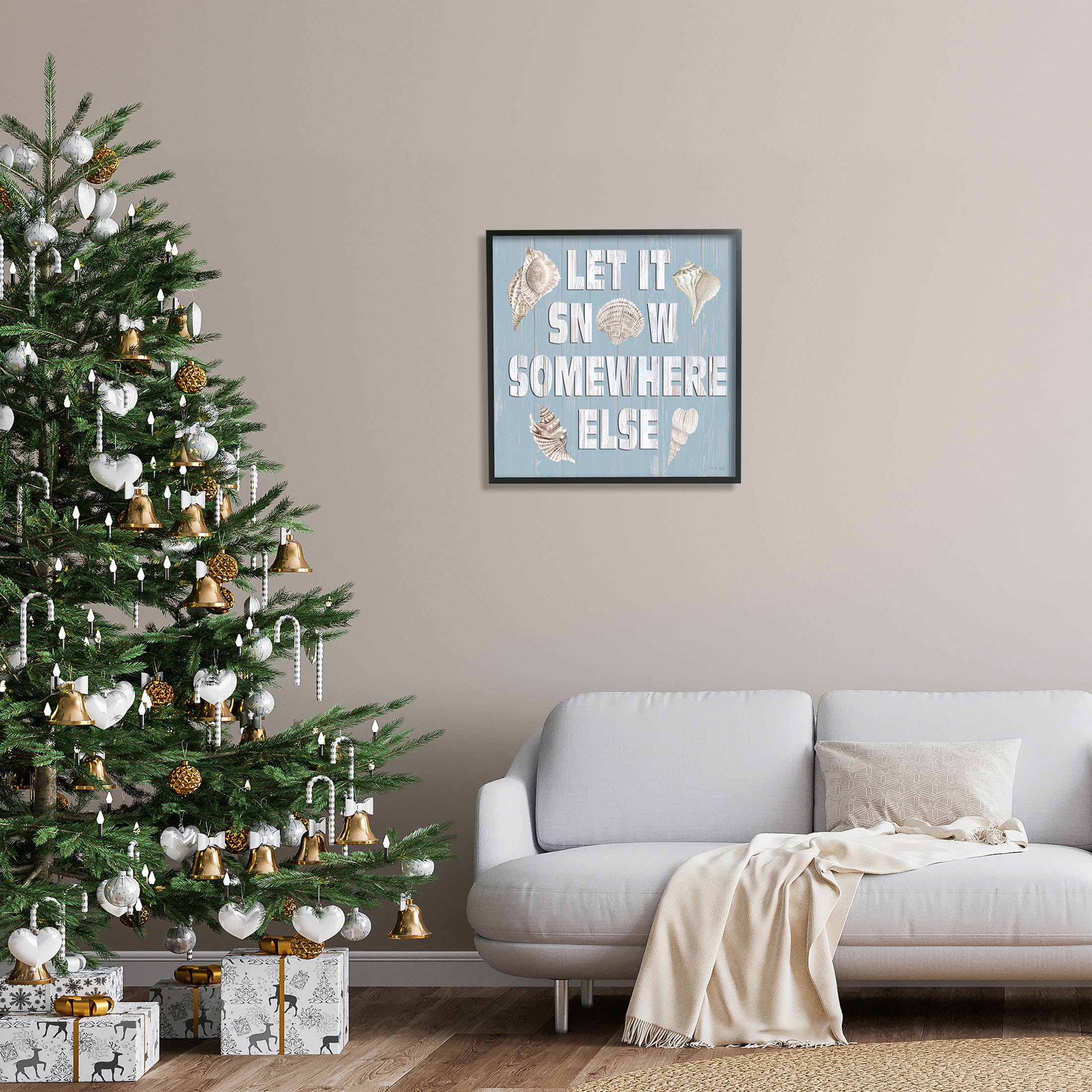 Let It Snow Somewhere Else Seashells Holiday Graphic Art Black Framed Art Print Wall Art