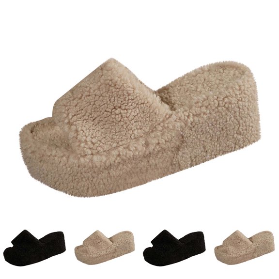 Xfvqtps Wedge Sandals for Women Fuzzy Open Toe Thick Sole Solid Color Casual Slide Sandals Khaki
