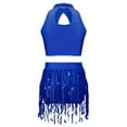 thumbnail image 2 of TiaoBug Girls Jazz Latin Dance Outfits Sleeveless Halter Crop Top with Sequins Tassel Shorts Set Samba Costume Royal Blue 16, 2 of 5