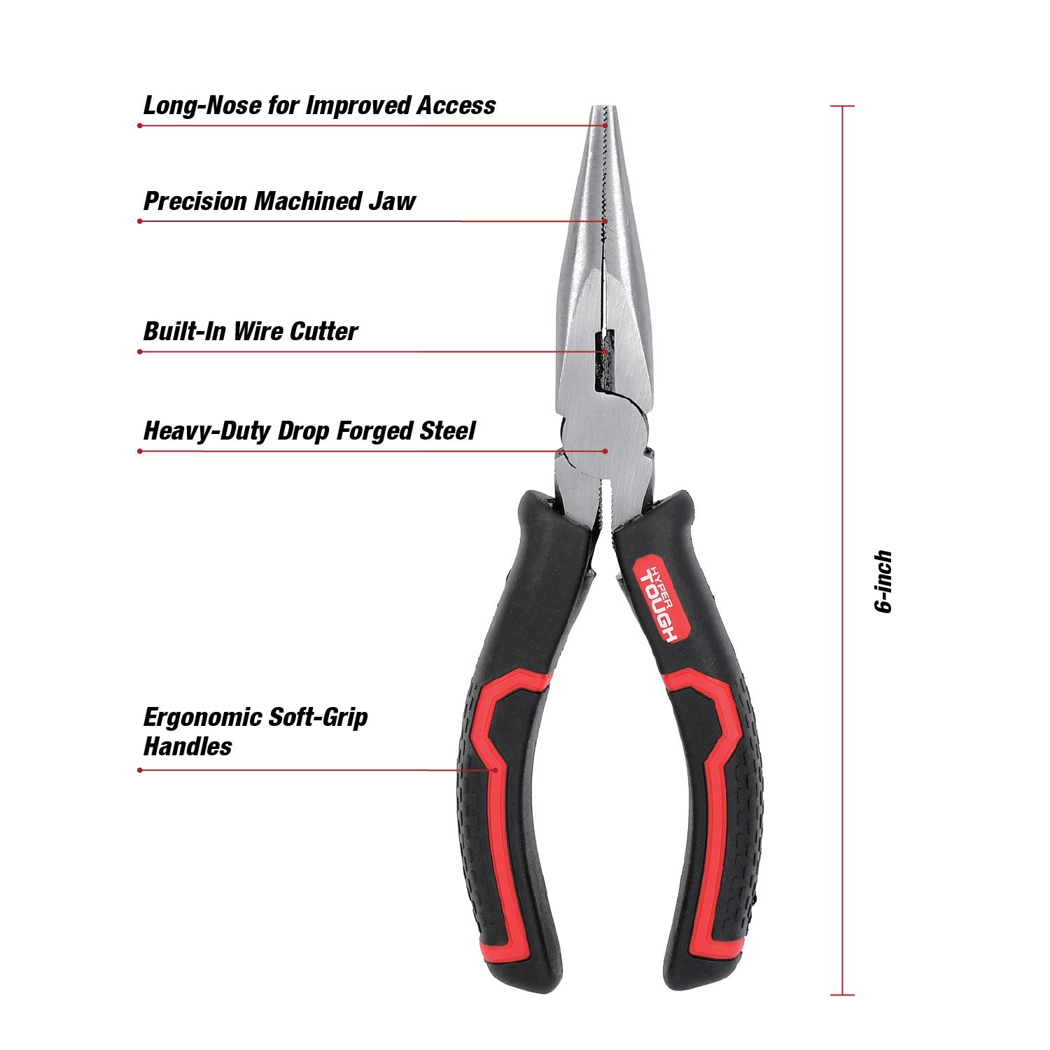 Pinzas de Punta Larga de 6 Pulgadas Hyper Tough con Mangos Ergonómicos de Agarre Suave, Modelo 5365V 3