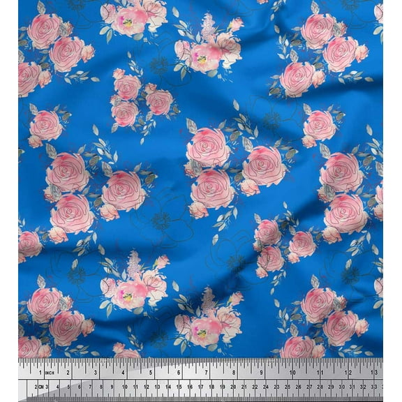 Soimoi Blue Cotton Duck Fabric Leaves & Rose Floral Printed Craft Fabric by the Yard 44 Inch Wide