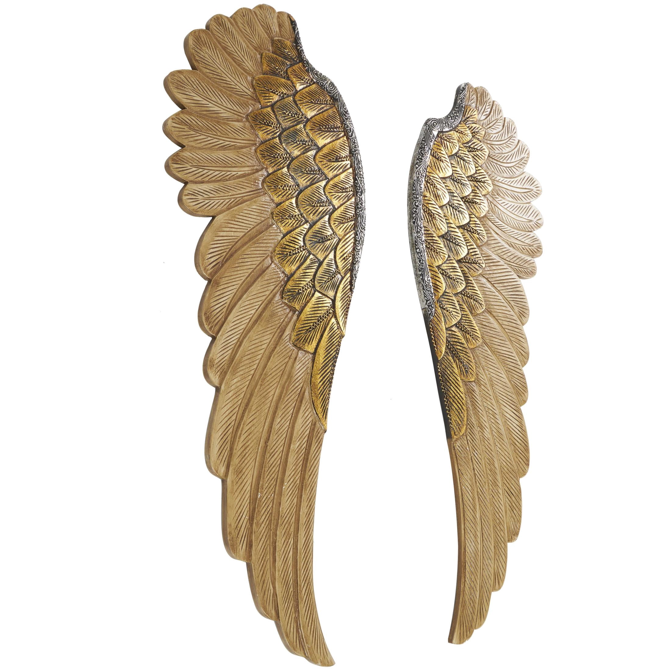 DecMode Gold Wooden Carved Angel Wings Bird Wall Decor with Gold Accents (2 Count)