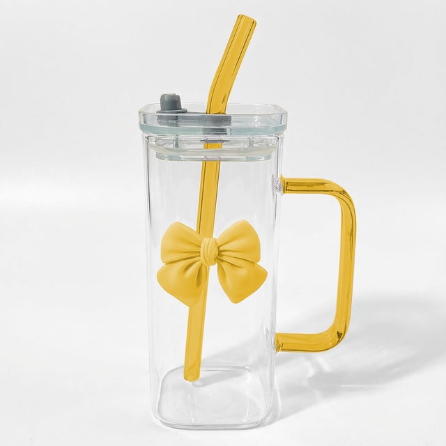 Pisexur Batería de cocina Vaso de agua de vidrio de 400 ml con tapa de asa, pajita de vidrio y decoración de mariposas desmontable para la cocina del hogar