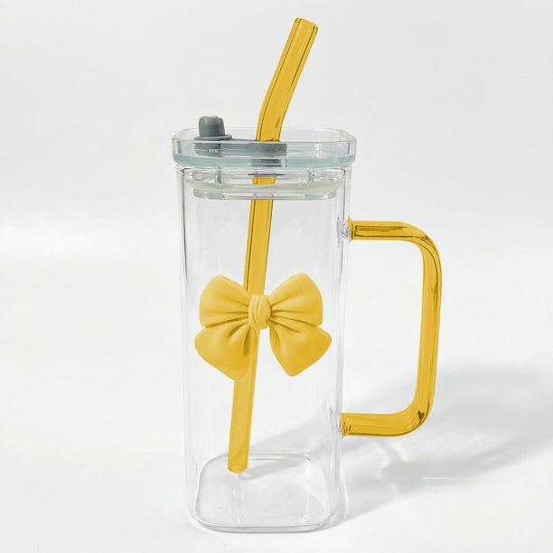 Pisexur Batería de cocina Vaso de agua de vidrio de 400 ml con tapa de asa, pajita de vidrio y decoración de mariposas desmontable para la cocina del hogar