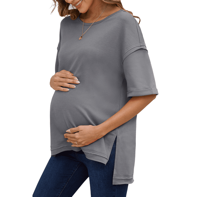 Camiseta Holgada de Algodón de Color Liso con Cuello Redondo y Aberturas en Ambos Lados, Gris, Talla S