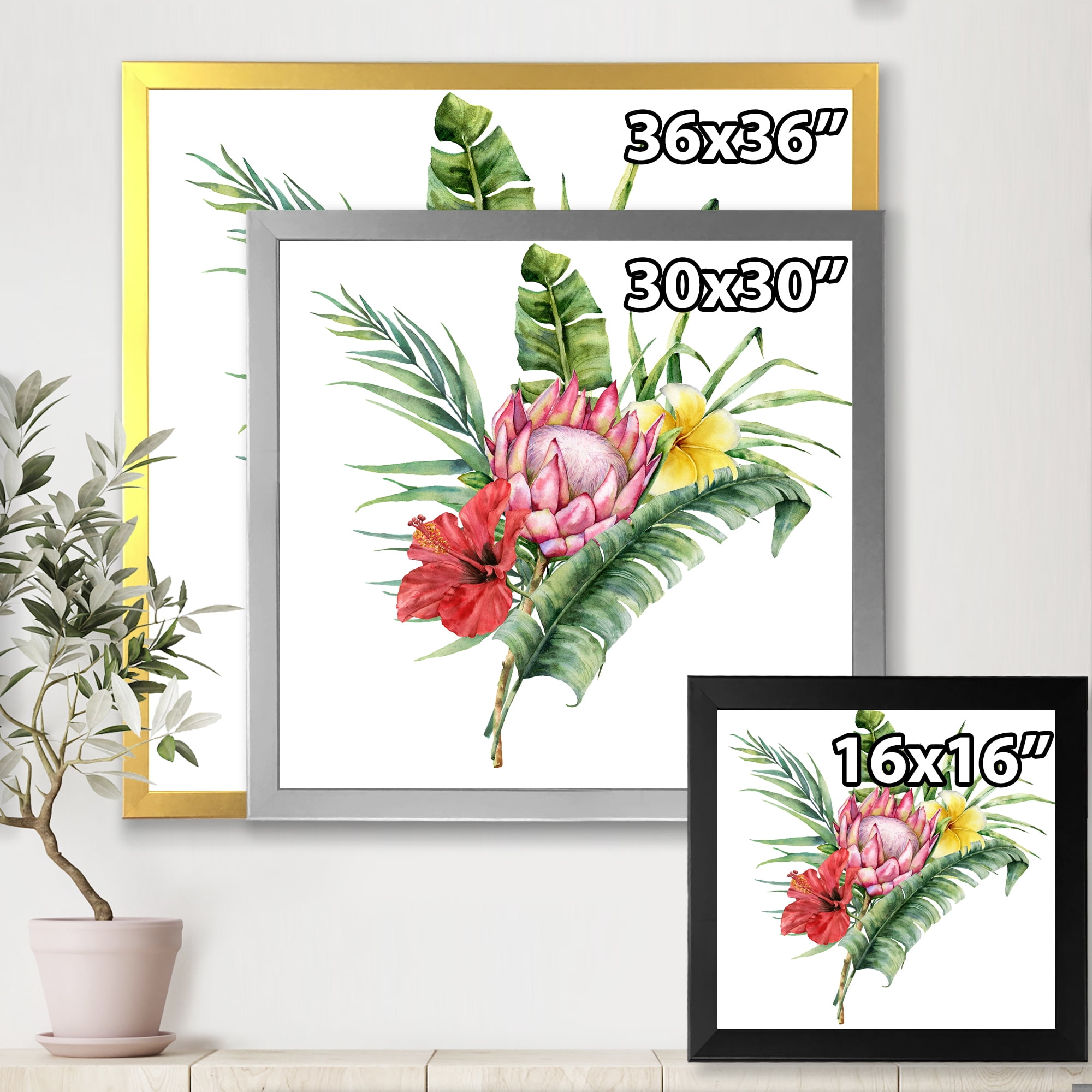 Designart 'Flowers Bouquet With Protea Plumeria Hibiscus' Traditional Framed Art Print