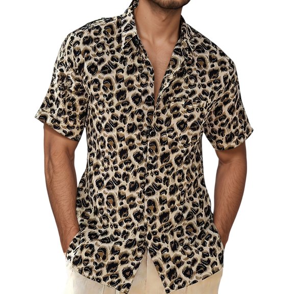 RUTAYY Men's Shirts Casual Short Sleeve Turndown Collar Leopard Print Button Down Summer Outdoor Party Holiday Beach Blouse
