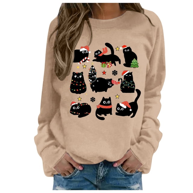 AWZXDE Women's Round Neck Long Sleeve Small Cat Cartoon Pattern Design Solid Color Casual Pullover Sweatshirt for Jeans pairing Comfort Khaki,L