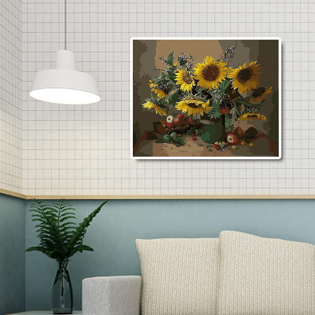 DIY Oil Painting by Numbers Sunflower Canvas Drawing Paintwork with Paintbrushes Acrylic Pigment Paint by Numbers for Adults,Sunflowers Paint by Numbers for Adults Kids Kits Sunflower 