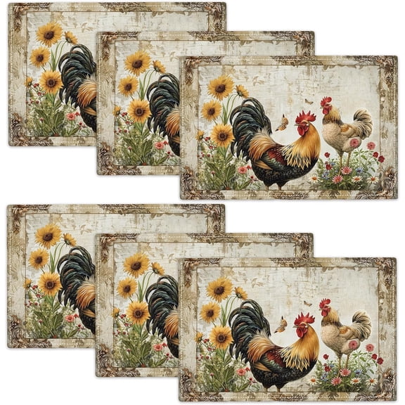 Farmhouse Roosters Placemats Set of 6 Farm Chicken Table Mats Decor Country Place Mats Imitation Linen Heat Resistant Tablecloth for Vintage Dining Decorations Kitchen Party Restaurants 12''x18''