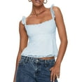 thumbnail image 2 of Women Lace Babydoll Tank Top Cap Sleeve See Throught Y2k Summer Going Out Crop Tops Light Blue S, 2 of 8