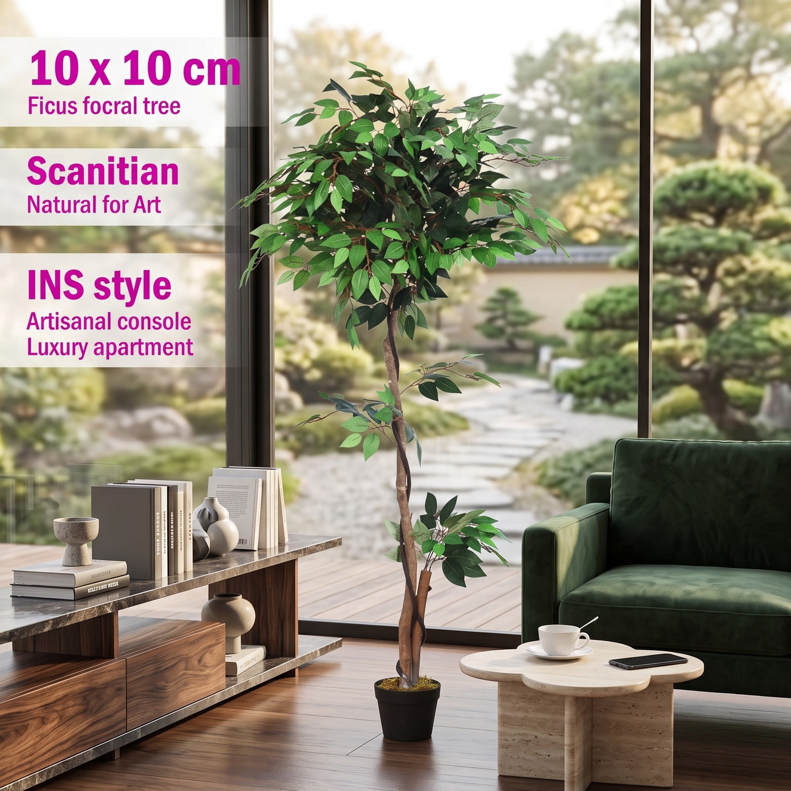 ALPULON 5.5 FT Artificial Ficus Silk Tree with Real Wood Trunks and Plastic Pot, Faux Potted Floor Plant for Home Office Living Room Corner Decor, Green