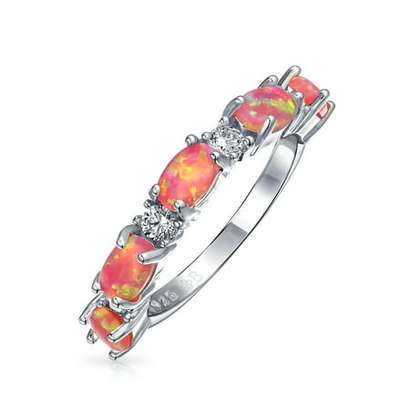 - Thin CZ Stackable Half Eternity Oval Created Pink Opal Band Ring For Women 925 Sterling Silver 1mm October Birthstone