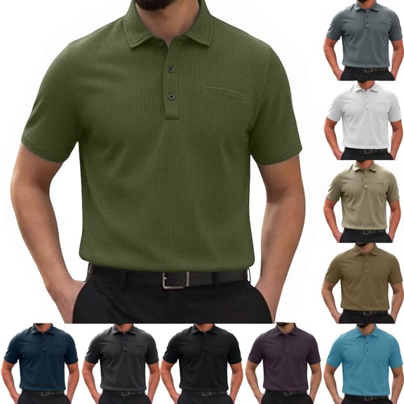 XinghaiYIDE Summer Shirts Men Honeycomb Waffle Texture Polo Short Sleeve Pocket Lightweight Outdoor Casual Blouse S-3XL
