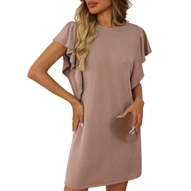 Dvprdro Robe d'Été pour Femmes 2025 Mode Unie Col Rond Manches Courtes à Volants Superposés Décontractée Ample Plage Soleil Mini-Robe