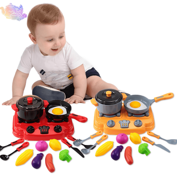 Kids Pretend Stove Cooking Playset, Simulation Mini Kitchen Toy with Cookware, Utensils and Assorted Play Vegetables, Kitchen Pretend Play House Toys, Chef Role Play Toy for Kids Ages 3 and Up