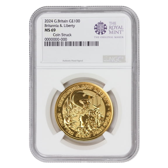 Great Britain 2024 1oz Gold Britannia & Liberty Coin MS-69 Numbered and Signed Label £100 NGC MS69