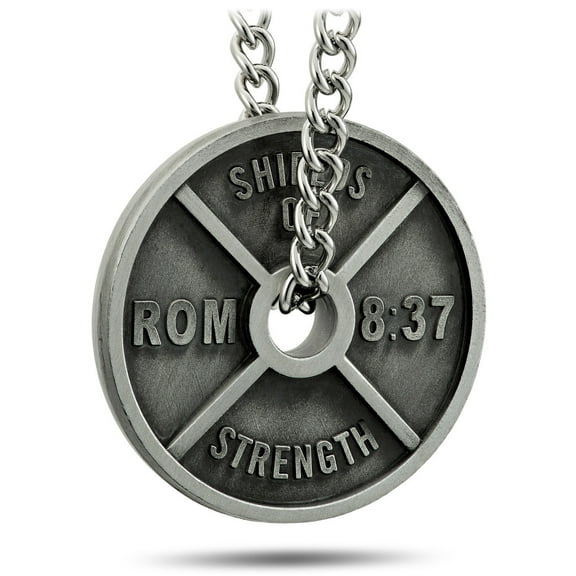 Men's Antique Finish High Relief Weight Plate Necklace-Romans 8:37 by Shields of Strength