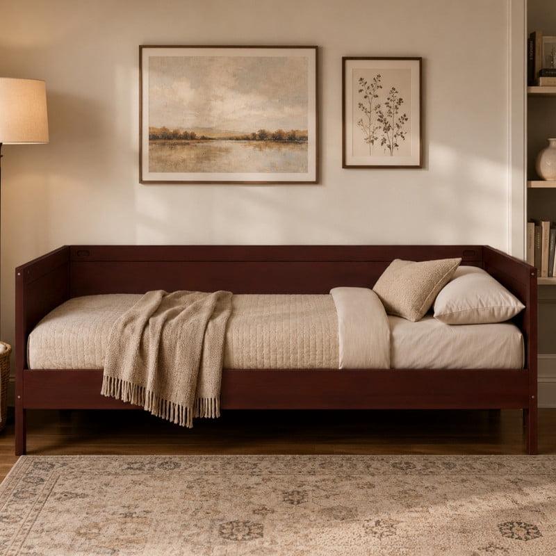 Euroco Wood Twin Size Daybed, Sofa Bed with Slats, No Box Spring Needed, Dark Walnut