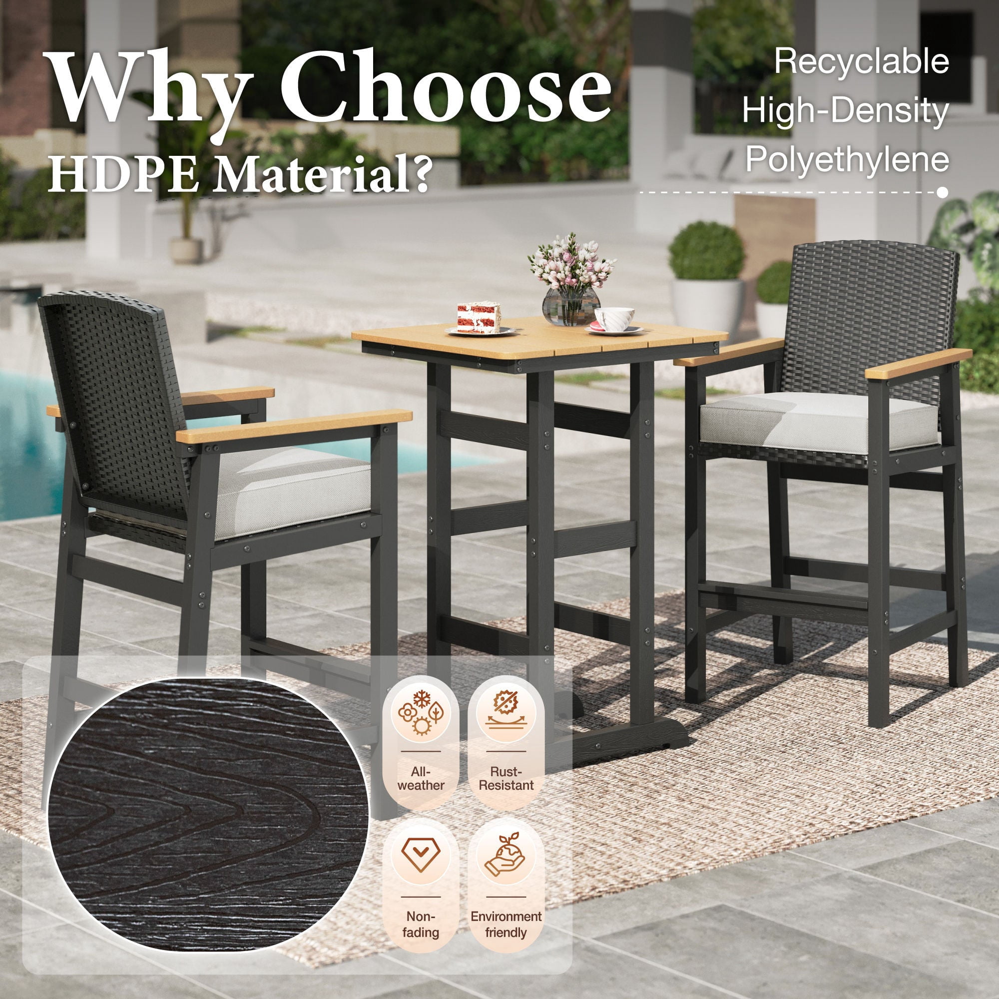 MF Studio 3-Piece HDPE Outdoor Bar Table and Chairs Set, Patio Dining Bar Bistro Table Set with Oversize Counter High Bar Stool, Black