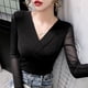 thumbnail image 3 of Women's Monochromatic V-Neck Long Sleeve T-Shirt Spring Clothes Temperament Office Lady Casual Tops Simplicity New Style Fashion, 3 of 5