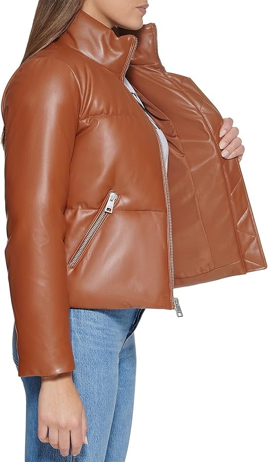 Levi's Womens Faux Leather Moto Puffer Jacket Camel Medium