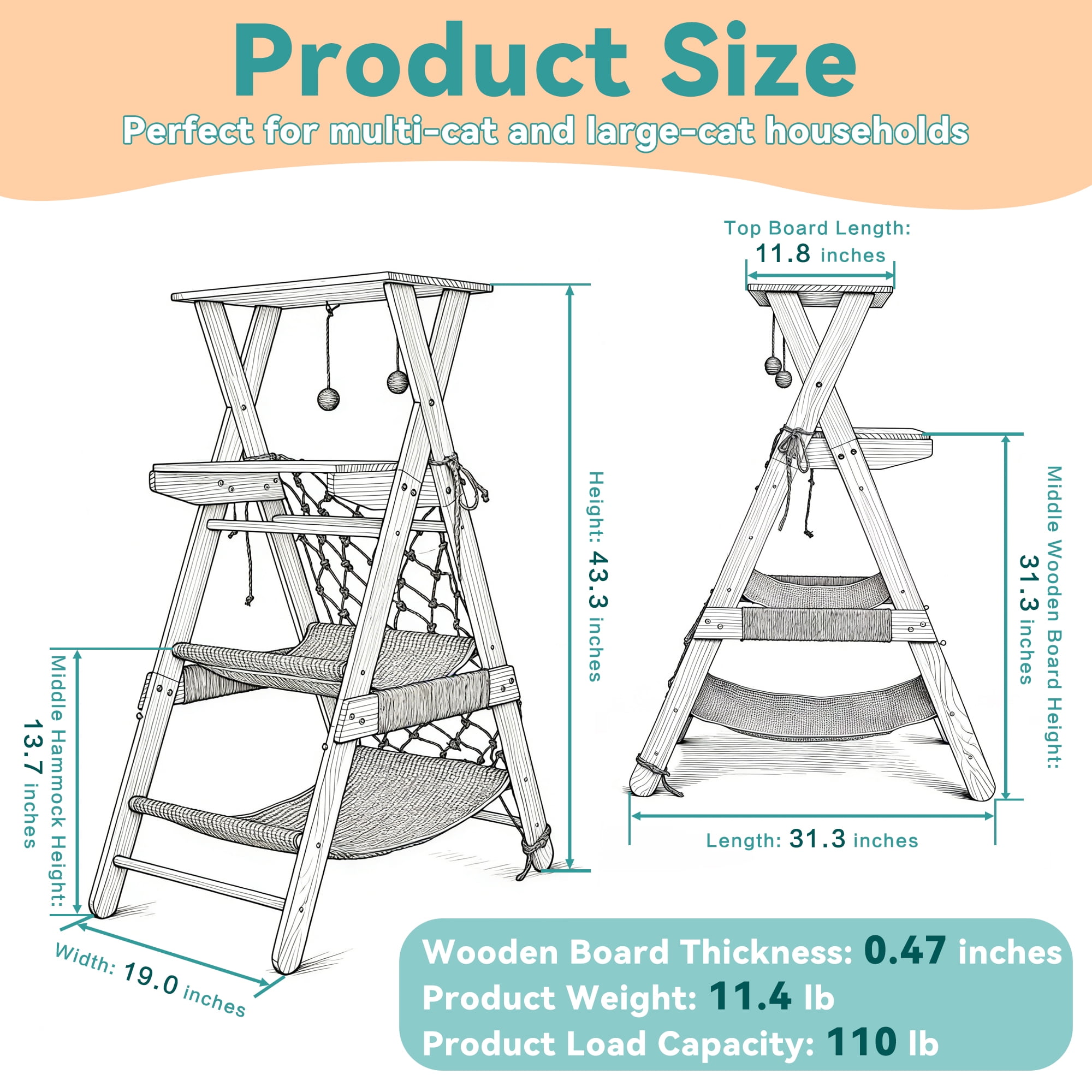 AIWFL Cat Tree Tower for Large Cats, 43.3" Multi-Level Wooden Cat Hammock & Sisal Scratching Posts Cat Condo, Outdoor Indoor Activity Center