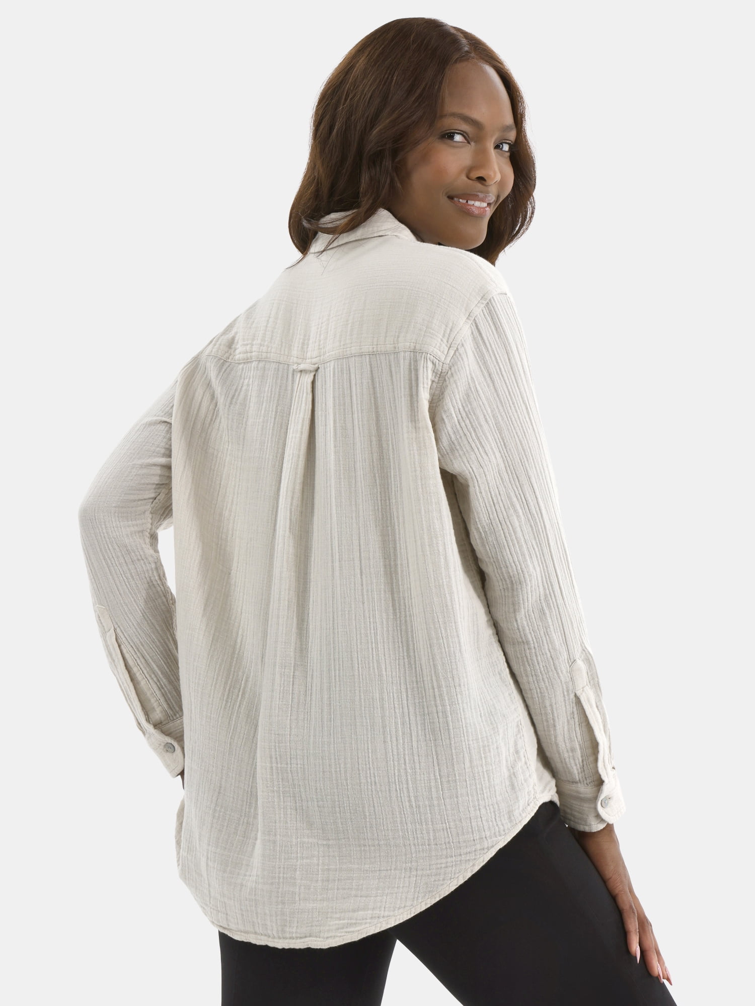 Time and Tru Women's Double Cloth Cotton Shirt with Long Sleeves, Sizes XS-XXXL