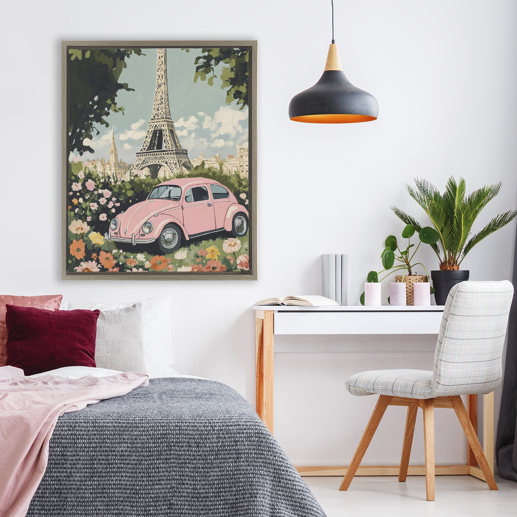 Stupell Industries Paris Pink Car in Bloom Brown Framed Floater Canvas Wall Art, design by The Prints Vibe