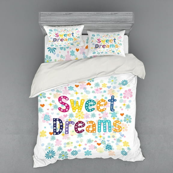 Ambesonne Saying Bedding Set 4 Pcs, Calligraphy and Swirls, Queen, Multicolor