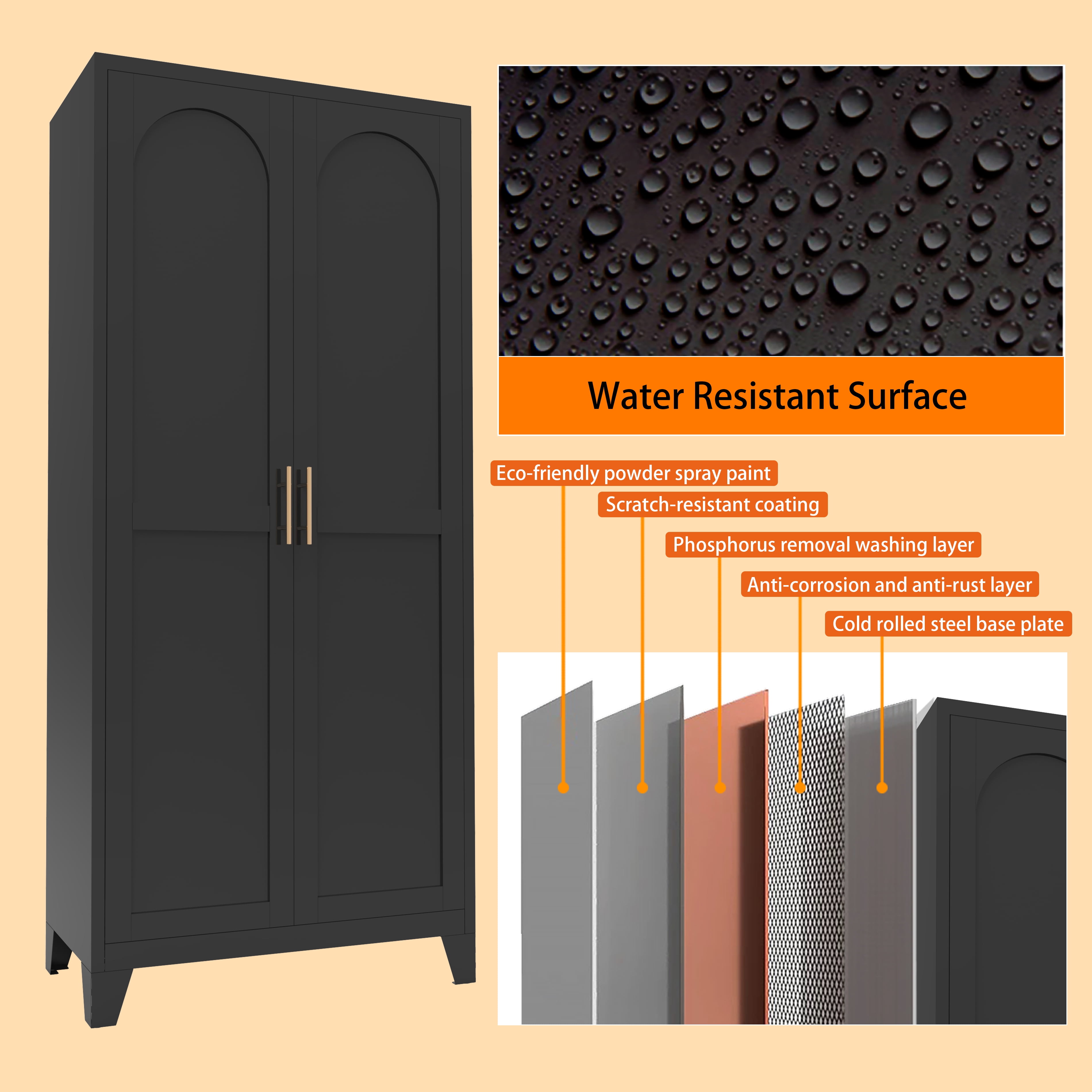 Miniyam 71"H Metal Storage Cabinet with 2 Shaped Doors & Adjustable Shelves – Black, for Bedroom/Living Room/Kitchen